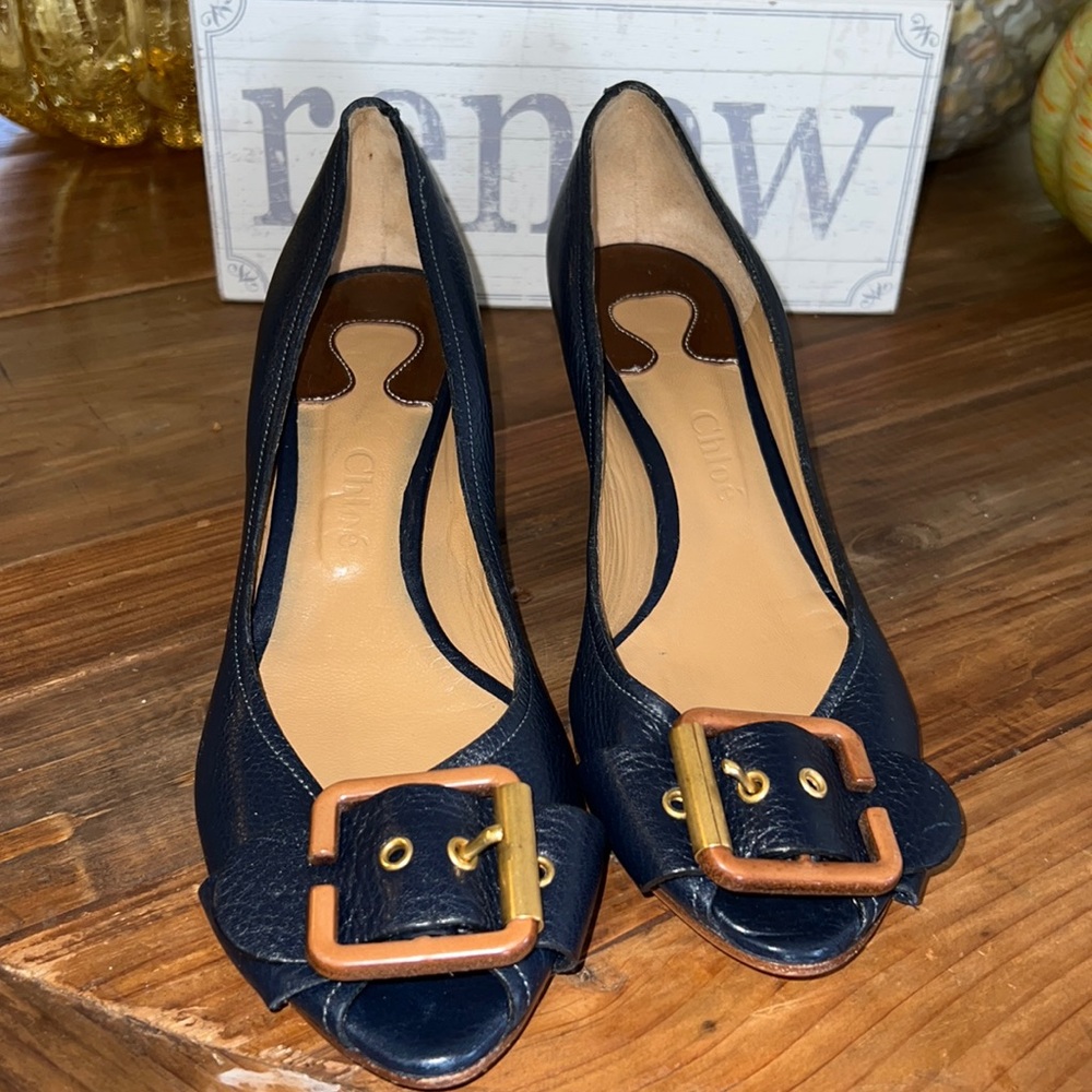 Chloe Navy peep toe wedge w/buckle size 41.